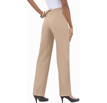 Roaman's Women's Plus Size Classic Bend Over Pant Elastic Waist Pull On Dress Slacks - 30 W, New Khaki Beige