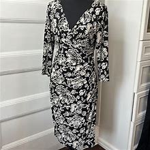 Lauren Ralph Lauren Dresses | Lauren Ralph Lauren 3/4 Sleeve Faux Wrap Ruched Stencil Floral Dress Size 8 | Color: Black/White | Size: 6