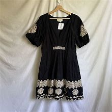 Anthropologie Black Embroidered Baby Doll Puff Sleeve Mini Dress | Size 14