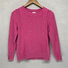 Vtg L.L. Bean Womens Long Sleeve Classic Chunky Cable Knit Cotton Pink Sweater S
