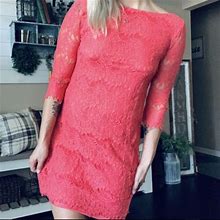 Jessica Howard Hot Pink/Coral Lace Overlay Fringe Trim Mini Dress