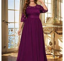 Plus Size Elegant Party Dress, Women's Plus Solid Contrast Lace Half Sleeve Round Neck Maxi Wedding Dress, Dress For,Burgundy,Must-Have,By Temu