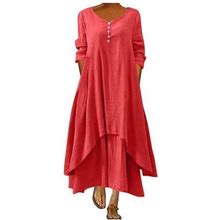 Plus Size Linen Dresses For Women Half Sleeve Crew Neck Buttons Dress Loose Fit Casual Long Dress With Pockets