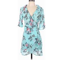 Mahila Casual Dress - Wrap V Neck 3/4 Sleeves: Teal Floral Dresses - Women's Size X-Small