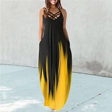 Tagold Summer Dresses For Women 2022, Women's Maxi Dresses Summer Casual V-Neck Sleeveless Vacation Beach Pockets Long Dress Yellow XL