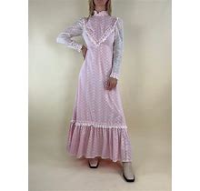 80S White And Pink Eyelet Long Sleeve Peasant Maxi Dress / Small