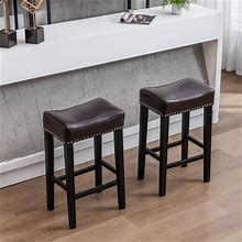 29" Counter Height Bar Stools Backless Leather Saddle Barstools With Solid Wood Legs For Kitchen Counter (Set Of 2)