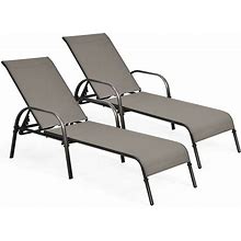 2 Pcs Outdoor Patio Lounge Chair Chaise Fabric With Adjustable Reclining Armrest-Brown