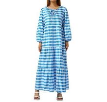 Women Geometric Print Long Dress, V-Neck Puff Long Sleeve Loose Fashion Dress For Spring, Summer