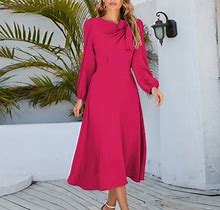 Himiway Summer Dresses For Women 2023 Womens Dresses Women's Solid Color Round Neck A-Line Long Sleeve Midi Dress Hot Pink L