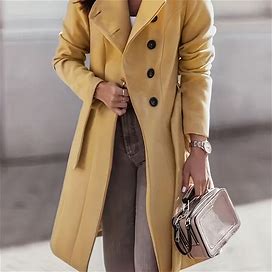 Solid Color Lapel Neck Midi Coat, Women's Single Overcoat, Long Coat Long Sleeve Midi Length For Fall Women's Clothing Coat,Khaki,All-New,Temu