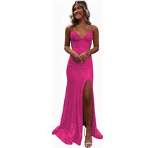 Spaghetti Strap Sequin Mermaid Prom Dress With Slit V-Neck Sparkly Long Formal Dresses Evening Gowns