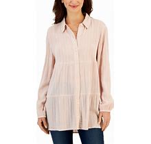 Style & Co Women's Textured-Stripe Button Shirt, Created For Macy's - Mocha Rose - Size L