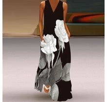 Voss Women Sleeveless Print V-Neck Maxi Dress Summer Party Cami Dress With Pockets