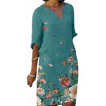 Ukap Vintage Half Sleeve Shift Dresses For Women V-Neck Cotton Linen Paisley Loose Casual T-Shirt Dress Kaftan Baggy Beach Long Sundress