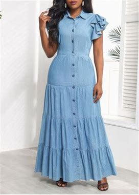 Rosewe Denim Blue Shirt Collar Ruffle Maxi Dress - XXL