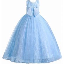 Reoriafee Girls Vintage Floral Swing Kids Party Dresses Sleeveless Lace Bow Mesh Dress Gauze Dress Princess Dress Blue 9-10 Years