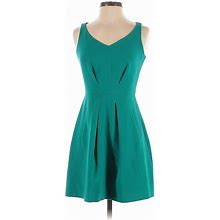 Ann Taylor LOFT Casual Dress - A-Line V-Neck Sleeveless: Teal Print Dresses - Women's Size 0 Petite