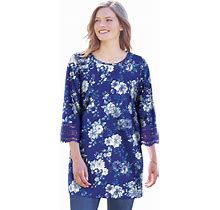 Plus Size Women's Crochet-Trim Three-Quarter Sleeve Tunic By Woman Within In Ultra Blue Watercolor Floral (Size 18/20)