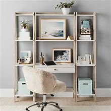 Highland Wall Desk & Narrow Bookshelf Set, Simply White/Weathered White