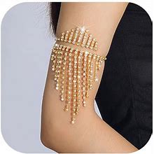 Jovono Rhinestone Arm Cuff Layered Tassel Arm Bracelet Upper Crystal Armband Open Cuff Dainty Upper Arm Cuff Jewelry For Women And Girls(1Pcs)