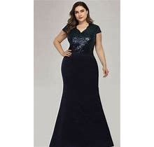 Ever Pretty V-Neck Mermaid Sequin And Satin Evening Party Dress Navy