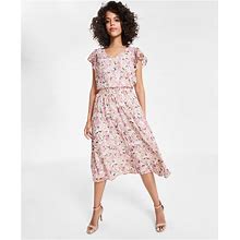Msk Women's V-Neck Flutter-Sleeve Smocked-Waist Dress - Pink/Olive