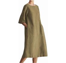 Fesfesfes Spring Dresses For Women Crewneck Linen Dress Loose Casual Half Sleeve Robe Dress Solid Color Knee-Length Dress With Pocket