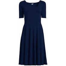 Lands' End Women's Blue Petite Elbow Sleeve Fit And Flatter Dress - - - Small