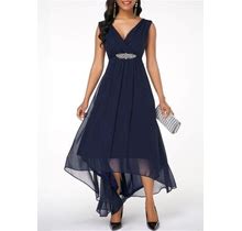 Rotita Women's Navy Blue Sleeveless Empire Waist High Low Maxi Dress Sleeveless High Low Dress - Large