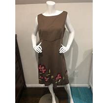 With Tags Kay Unger York Size 14 Brown Wool Dress W/ Embroidered