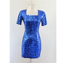 Vtg 90S Niteline Blue Sequin Beaded Square Neck Party Dress Size 2P