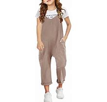 Nirovien Rompers For Girls Sleeveless Jumpsuits Spaghetti Strap Loose Overalls With Pocket Casual One Piece Jumper(Light Coffee,12-13Y)