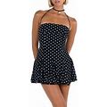 Women's Polka Dots Short Mini Dress Summer Halter Neck Sleeveless Party Club Swing Dresses Beach Sun Dresses
