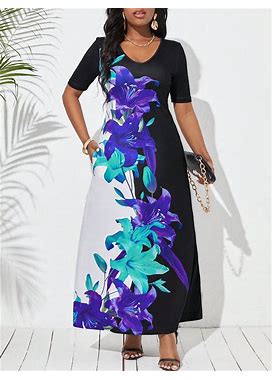 Women's Floral Print Short Sleeve Dress,S