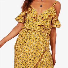 Boohoo Petite Dresses | Boohoo Mustard/ Yellow Ruffled Tea Dress Never Worn | Color: Yellow | Size: 2