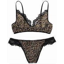 Guesslookry 2023 Sexy Ladies Lace New Women Sexy Lace Leopard Print Bra With Thong Sleepwear Lingerie Set S-2Xl New Year Gift