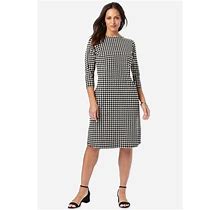Plus Size Women's Boatneck Shift Dress By Jessica London In White Houndstooth (Size 28 W) Stretch Jersey W/ 3/4 Sleeves