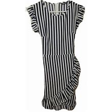 Shein Striped Womens Dress Lg. Wrap Ruffle Modern Knee Length Blue And
