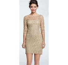 Beige Kay Unger Metallic Lace Sheath Dress Size 14P