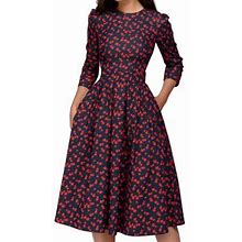 Himiway Dresses For Women 2023 Women's Floral Vintage Dress Elegant Midi Evening Dress 3/4 Sleeves Womens Tops Navy XL