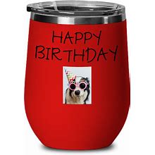 Red 14 Oz Stainless Steel Wine Glass-Lid Happy Birthday With Birthday