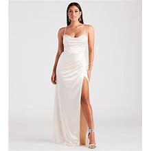 Windsor Melinda Formal Satin Lace-Up Mermaid Dress In Ivory | Size: Medium | Satin Fabric