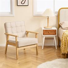 Upholstered Armchair With Rubber Wood Armrests-Beige