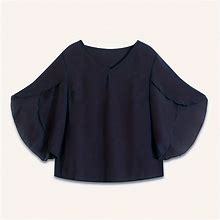 Solid V Neck Blouse, Casual Cape Sleeve Blouse For Spring & Summer, Women's Clothing,Navy Blue,Budget-Friendly,Temu