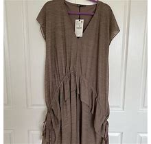 Zara Dresses | Zara Taupe Short Sleeved Dress With Ruffle & Ruched Detail Size Large | Color: Brown/Tan | Size: L