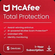 Mcafee Total Protection Antivirus & Internet Security Software, For 5 Devices, 1-Year Subscription, For Windows /Mac /Android/Ios/Chromeos, Download