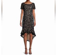 SHANI Hi-Lo Laser Cutting Floral Cocktail Party Dress In Black/Nude Size 8