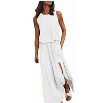 Fsqjgq Short Sleeve Midi Dress Female A Line Summer Dress For Women Sleeveless Round Neck Maxi Dresses Solid Color Fork Opening Dress White Size L