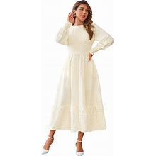 Ferrendo Women's Casual Midi Dress 2024 Spring Fall Long Sleeve Crew Neck Smocked Tiered Flowy Long Dresses With Pockets